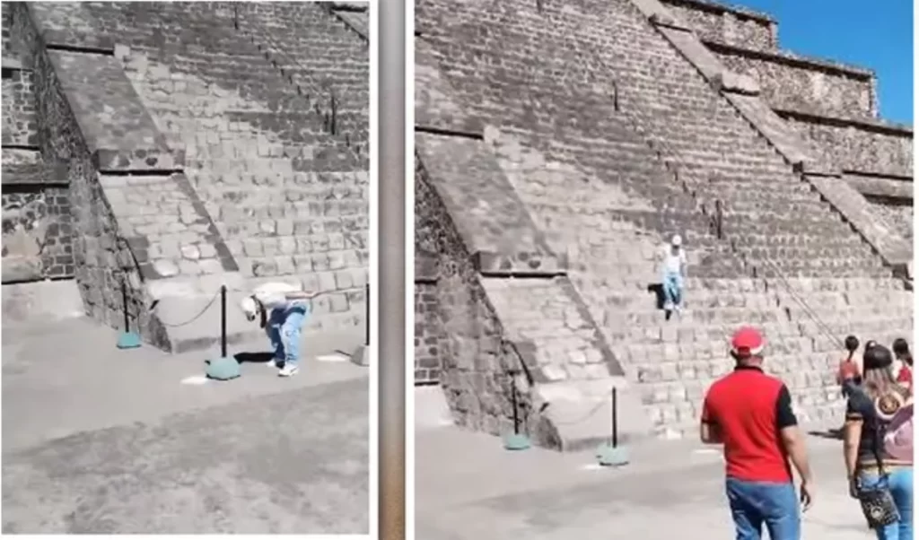 Turista irrespetuoso sube a la Pirámide de la Luna en Teotihuacán